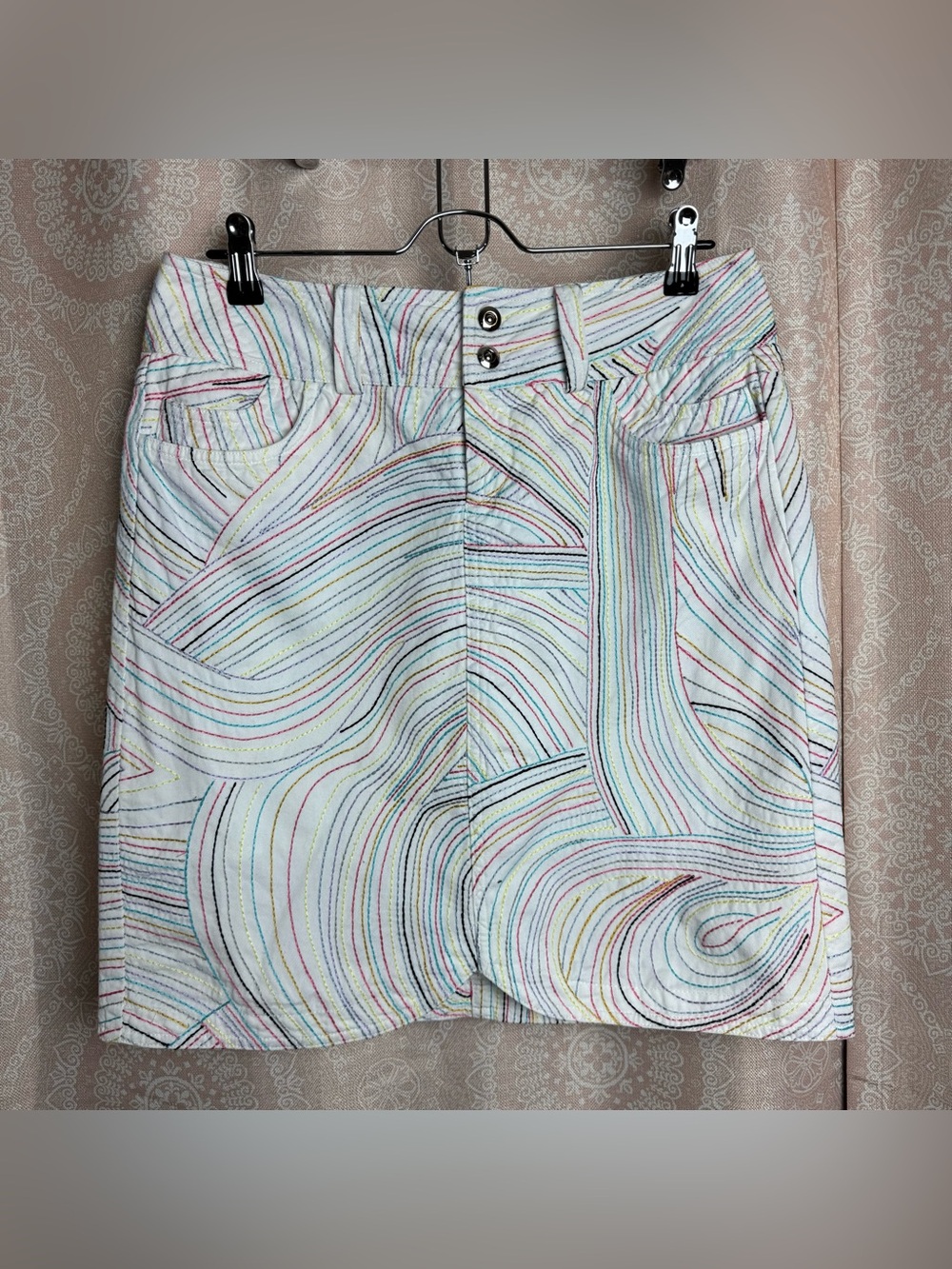 Etcetera Y2K Cotton Pencil Skirt Multicolor Embroidered Swirl Stitches Size 6